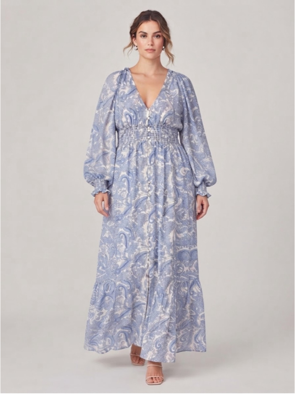 For Love & Lemons Janelle Blue Paisley Smocked Waist Maxi Dress Size XL NWOT